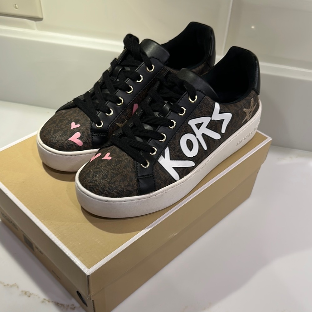 Michael Kors Black and Brown Sneakers with Pink Accents